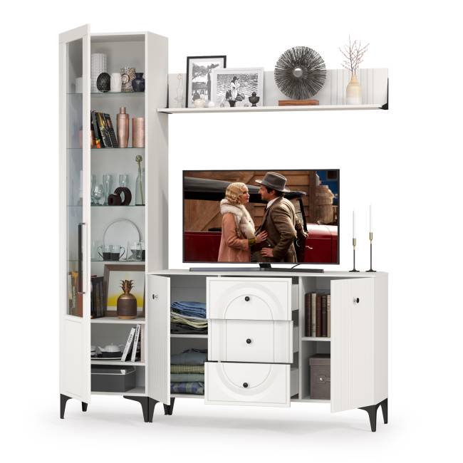 Комод-тумба под ТВ с полкой и пенал со стеклом Валенсия цвет белый шагрень