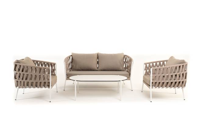 "Диего" лаунж-зона 4-местная плетеная из роупа (веревки), каркас алюминиевый белый, роуп бежевый