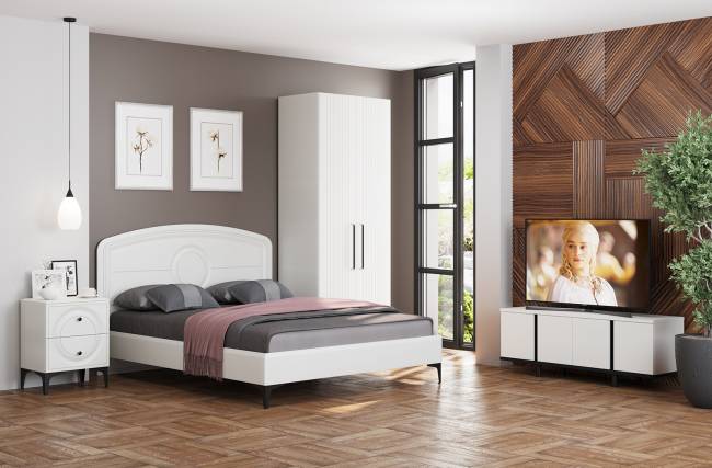 Комплект белой мебели для спальни Валенсия № 35 цвет белый шагрень/чёрный Комплект белой мебели для спальни Валенсия № 35 цвет белый шагрень/чёрный