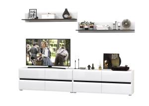 Большая ТВ-тумба Сидней с двумя навесными полочками цвет белый/чёрный/МДФ белый глянец Большая ТВ-тумба Сидней с двумя навесными полочками цвет белый/чёрный/МДФ белый глянец
