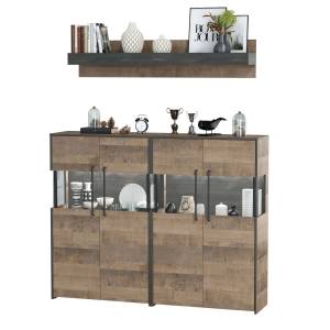 Два комода с витриной с подсветкой и навесная полка Трувор цвет дуб гранж песочный/интра