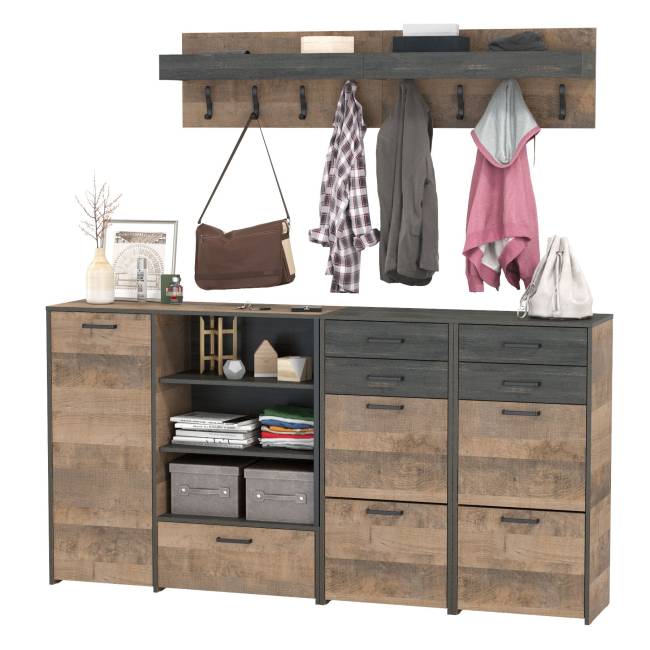 Две вешалки для одежды с полкой с двумя тумбами для обуви и комодом-тумбой с дверкой Трувор цвет дуб гранж песочный/интра Две вешалки для одежды с полкой с двумя тумбами для обуви и комодом-тумбой с дверкой Трувор цвет дуб гранж песочный/интра