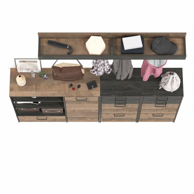 Две вешалки для одежды с полкой с двумя тумбами для обуви и комодом-тумбой с дверкой Трувор цвет дуб гранж песочный/интра Две вешалки для одежды с полкой с двумя тумбами для обуви и комодом-тумбой с дверкой Трувор цвет дуб гранж песочный/интра