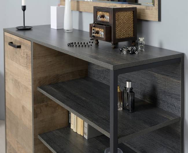 Две вешалки для одежды с полкой с двумя тумбами для обуви и комодом-тумбой с дверкой Трувор цвет дуб гранж песочный/интра Две вешалки для одежды с полкой с двумя тумбами для обуви и комодом-тумбой с дверкой Трувор цвет дуб гранж песочный/интра