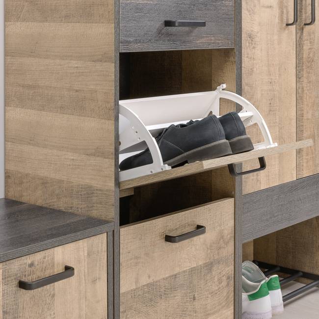 Две вешалки для одежды с полкой с двумя тумбами для обуви и комодом-тумбой с дверкой Трувор цвет дуб гранж песочный/интра Две вешалки для одежды с полкой с двумя тумбами для обуви и комодом-тумбой с дверкой Трувор цвет дуб гранж песочный/интра